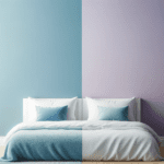 Two Colour Combination For Bedroom Walls - Image Showing A Bedroom Wall With A Seamless Blend Of Two Colours: Soothing Sky Blue On The Left And Gentle Lavender On The Right.