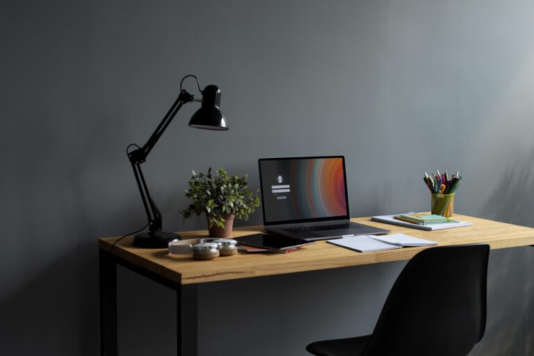 Ideas About Decorating Home Office, Dark Wall, Wooden Desk
