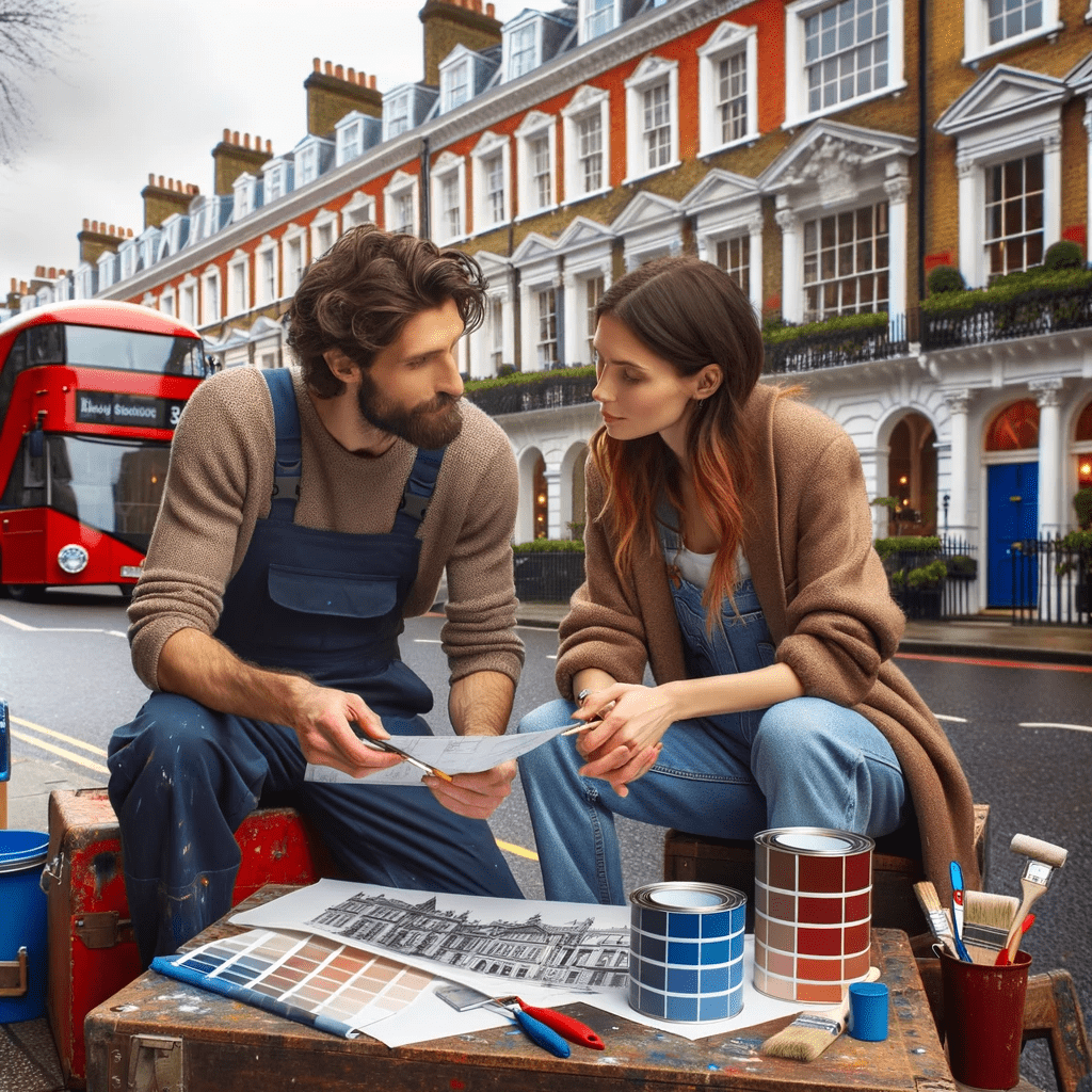 Photo Of A Male Painter And A Female Decorator Engaged In A Deep Discussion In Front Of A Historic London Brick Townhouse