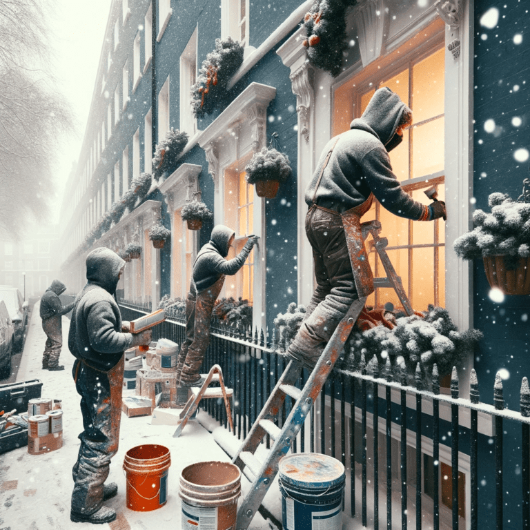 Photo Of Painters And Decorators Braving The Cold London Winter. They Are Bundled Up In Warm Clothing, Working Diligently On The Exterior Of A House