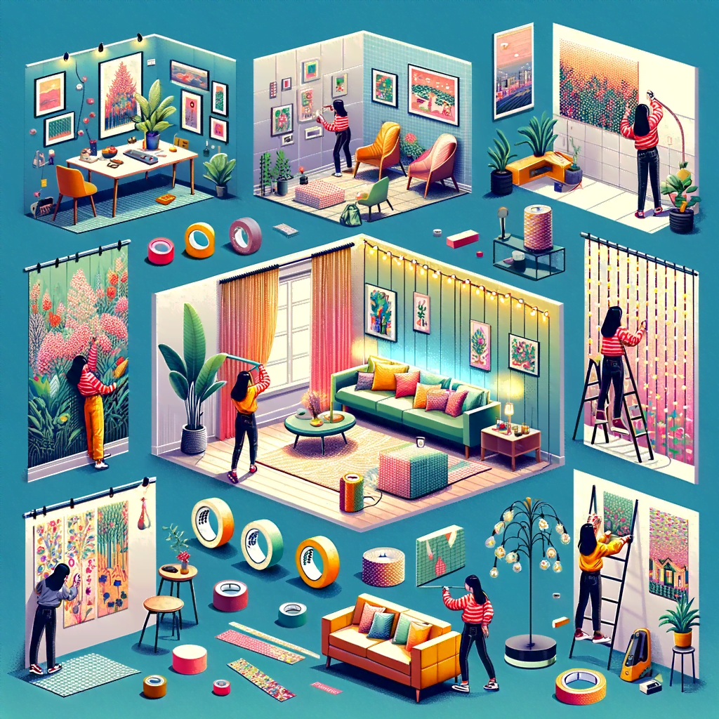 Depicts Various Methods For Decorating A Rental Apartment Without Causing Damage. It Includes Scenes Of Hanging Artwork With Adhesive Strips, Arranging Removable Fabric Covers On Furniture