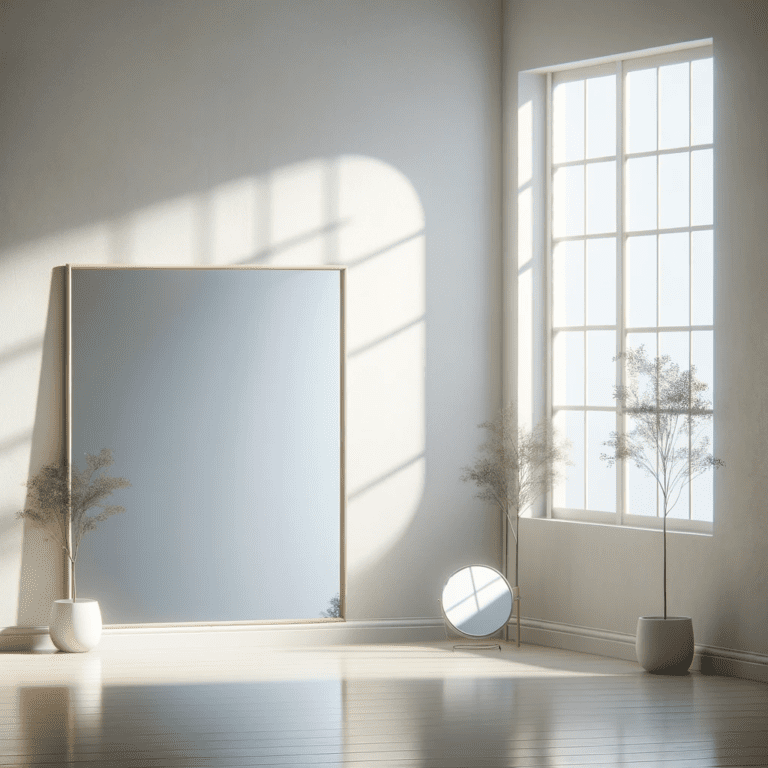 An Image Of A Simple Interior Space With A Basic, Plain Mirror Positioned To Reflect Natural Light From A Window