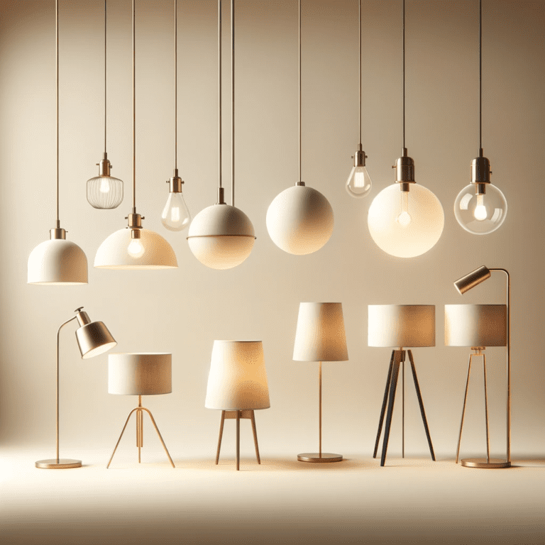 A Variety Of Lighting Fixtures In A Plain Style, Including A Standard Pendant Light, A Simple Table Lamp, A Basic Floor Lamp