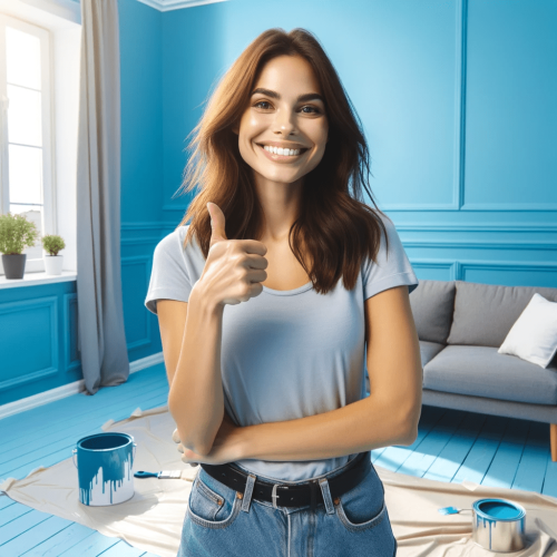 A Happy Woman Standing In A Freshly Repainted Living Room, Smiling Broadly And Giving A Thumbs Up. The Walls Are A Vibrant Shade Of Blue.