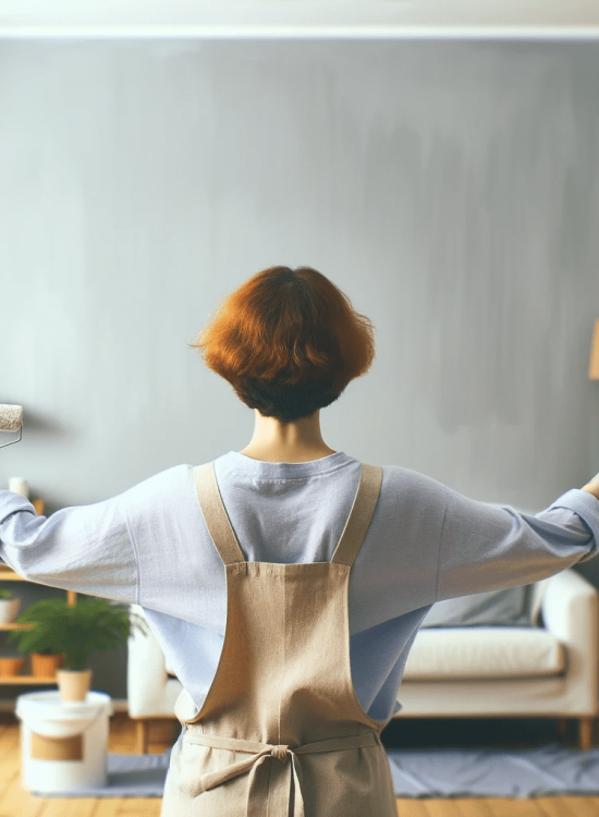 Perspective Of The Decorator, Showcasing A Happy Client Admiring The Painting Work In Her Living Room