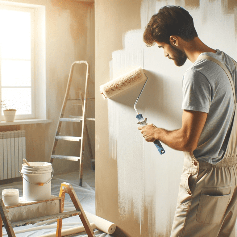 Painter Applying A Mist Coat On Freshly Plastered Walls Using A Roler