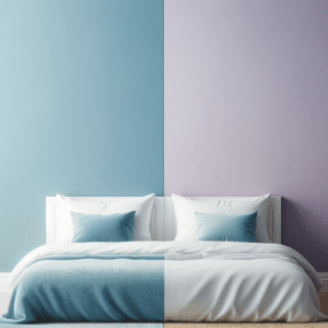 Two Colour Combination For Bedroom Walls - image showing a bedroom wall with a seamless blend of two colours: soothing sky blue on the left and gentle lavender on the right.