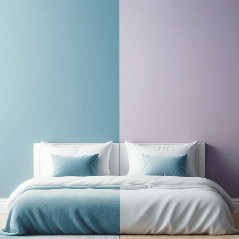 Two Colour Combination For Bedroom Walls - Image Showing A Bedroom Wall With A Seamless Blend Of Two Colours: Soothing Sky Blue On The Left And Gentle Lavender On The Right.