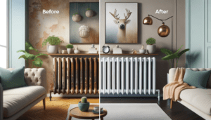 How to Repaint a Radiator ? before and after photos of a radiator, showing the transformation from old and worn to freshly painted and stylish