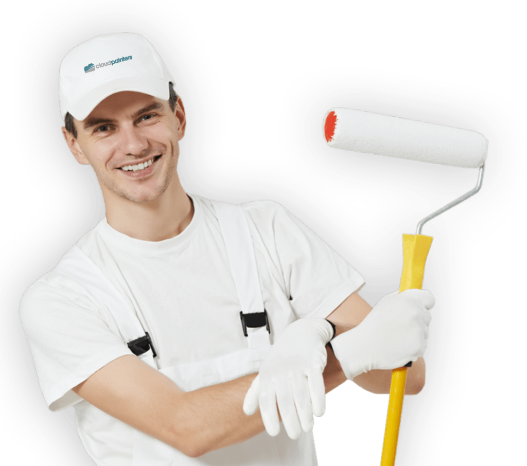 photo of a painter from Cloud Painters holding a roller and extension pole, dressed in white attire with hat featuring the company logo.